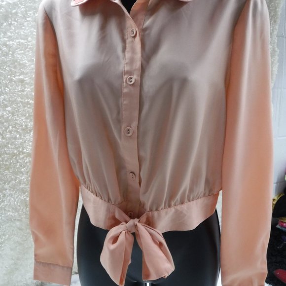 F21 Button Down Long Sleeve Crop Top, Peach with Embroidered Flowers, Size S - Picture 10 of 10
